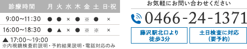 診療時間 9:00-12:00 16:00-18:30　Tel:0466-24-1371